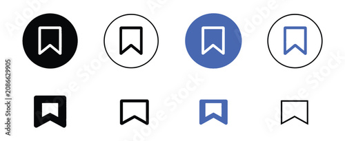 Bookmark icons featuring save marker, favorite label, reading list, and clean minimalist vector graphics for user interface, web, and mobile applications.