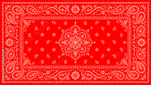 Konstfotografi Classic red paisley bandana pattern with intricate white ornamental floral elements, symmetrical vintage western design, seamless decorative textile print, high detail vector style background