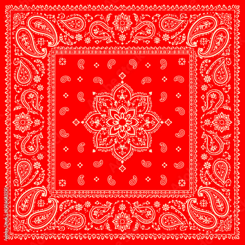 Classic red paisley bandana pattern with intricate white ornamental floral elements, symmetrical vintage western design, seamless decorative textile print, high detail vector style background.