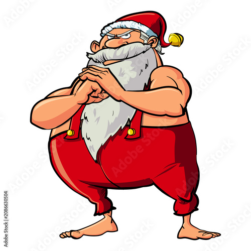 Muscular Angry Santa Claus Cartoon Character Standing with Folded Hands Vector Illustration