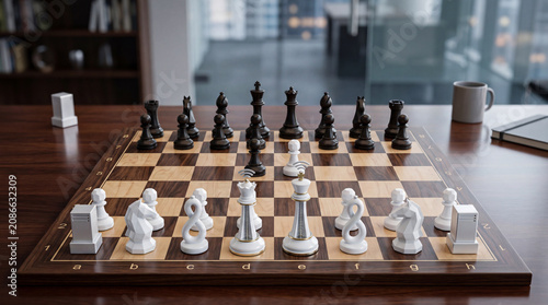 Strategic IT management concept with traditional black chess pieces playing against modern white tech figures on a wooden board