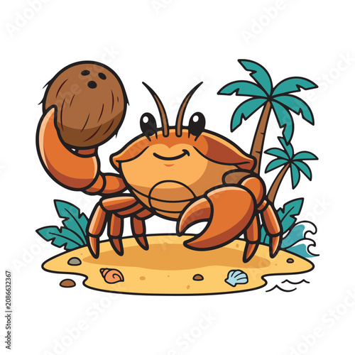 Cute Cartoon Crab Holding Coconut on Tropical Beach Illustration