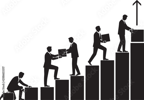 Silhouette of business people building a staircase of blocks, representing career growth, progress, and step by step achievement