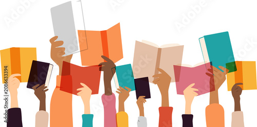 Hands holding books. Modern colourful design.