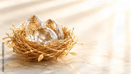 Golden nest with crystal eggs for retirement fund and lucrative investment asset concept