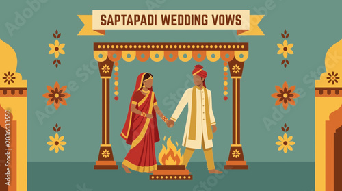 Photography Bride and Groom Taking Saptapadi Wedding Vows Flat Style Vector Illustration