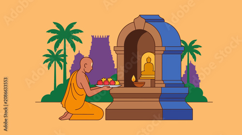Obraz na plátně Devotee Offering Flowers at Temple Shrine Flat Style Vector Illustration