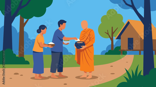 Fotografia Monk Receiving Alms from Villagers Flat Style Vector Illustration