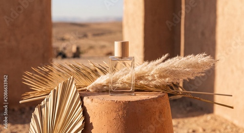 Minimalist glass perfume bottle mockup on a terracotta pedestal in a desert setting with dried palm leaves and pampas grass