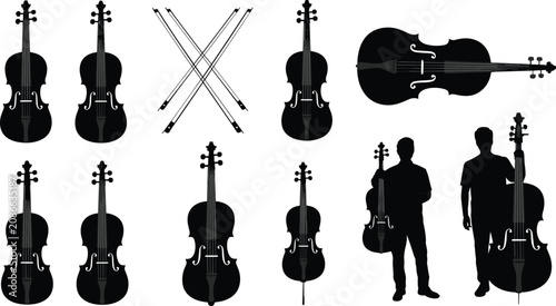 Tableau sur toile Violin and Bow Vector Collection with Musical Instrument Silhouettes and Perform