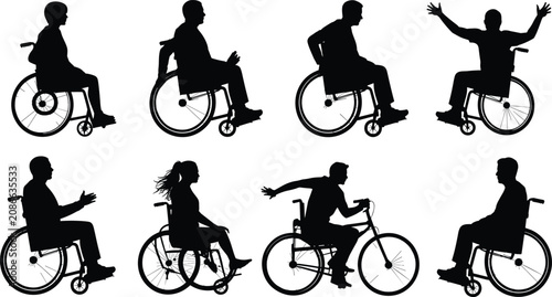 Wheelchair User Silhouette Collection with Disabled People and Mobility Black Vector Set