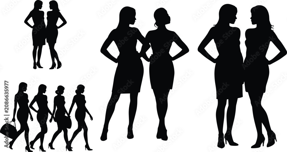Fototapeta premium Women Fashion Silhouette Collection with Stylish Female Models and Elegant Walking Poses Vector Set
