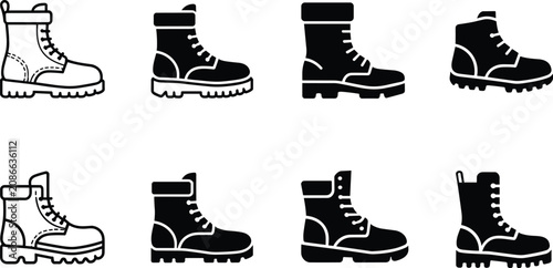 Work Boot Silhouette Collection Set with Hiking Safety and Military Style Footwear Vector Icons