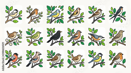 Tableau sur toile Set of 18 Flat Vector Icons of Various European Birds Perched on Branches with G