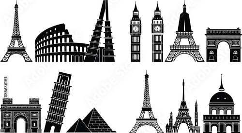 World Landmark Silhouette Vector Set with Famous Monument and Architecture Icon Collection