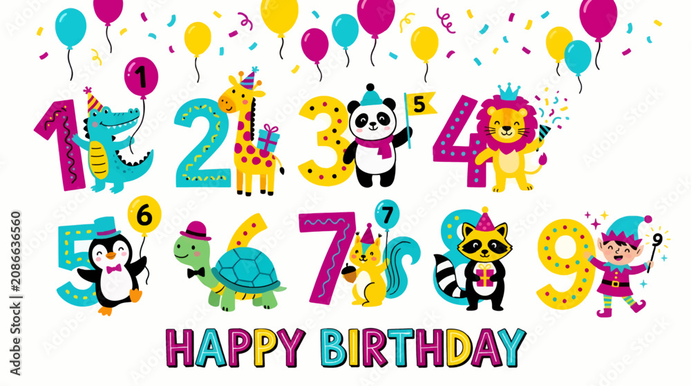 Fototapeta premium Cute Flat Style Animals Celebrate Numbers 1-9 with Balloons and Confetti, Happy Birthday Graphic Resource