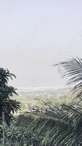 Scenic tropical coast view with palm trees and hazy sky