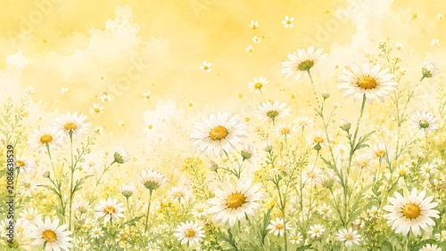 Watercolor painting of a beautiful field of white daisies in a sunny yellow meadow