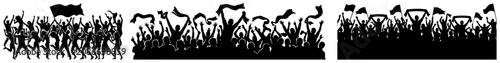 Cheering crowd silhouettes at concert or sports stadium in black and white flat style