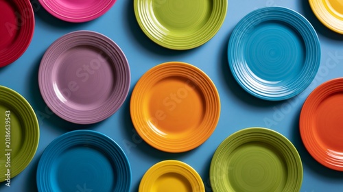 Colorful ceramic plates arranged in a vibrant pattern on a blue background, featuring various sizes and hues including pink, purple, green, yellow, orange, and blue