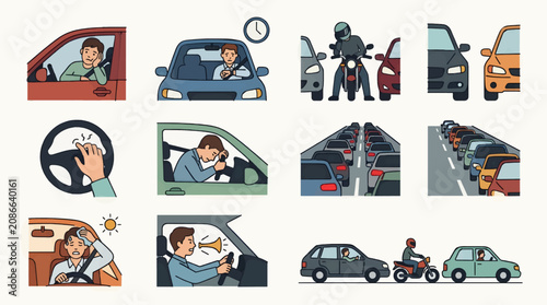 Tableau sur toile Flat Vector Icon Sheet Illustrating Traffic Jam Frustration and Driving Stress,