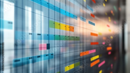 Digital project timeline display shows colorful rectangular task bars on a grid background.