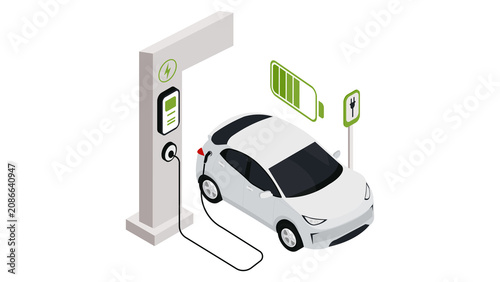 Isometric illustration of a modern white electric car charging at an EV station