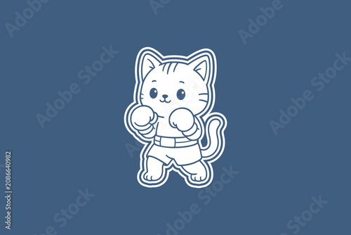 Cute white cat illustration wearing boxing gloves stands in a dynamic fighting pose against a solid deep blue background surface