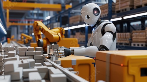A robot working alongside a human in a factory, building products together, 3DCG , high resolution DSLR