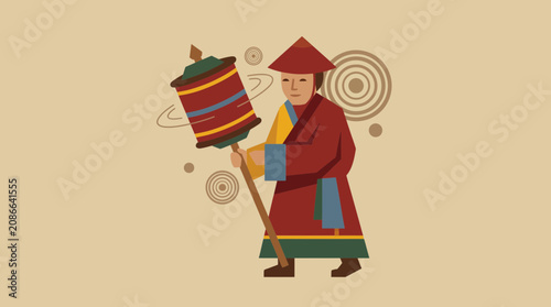 Vászonkép Pilgrim Spinning Tibetan Prayer Wheel Flat Style Vector Illustration