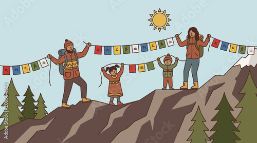 Photography Family Hanging Colorful Prayer Flags on Mountain Flat Style Vector Illustration