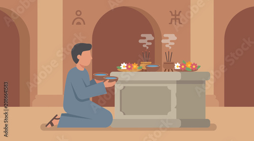 Photos Worshipper Offering Water Bowls at Altar Flat Style Vector Illustration