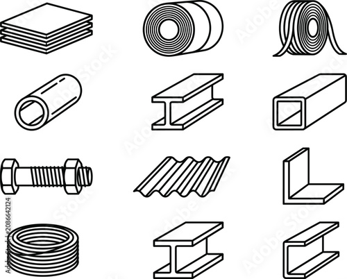 Bild auf Leinwand Metal rolled products and steel construction materials vector line icon set for