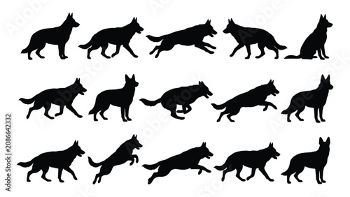 Obraz na plátně German shepherd silhouettes depict a collection of fifteen different dog poses arranged in a grid