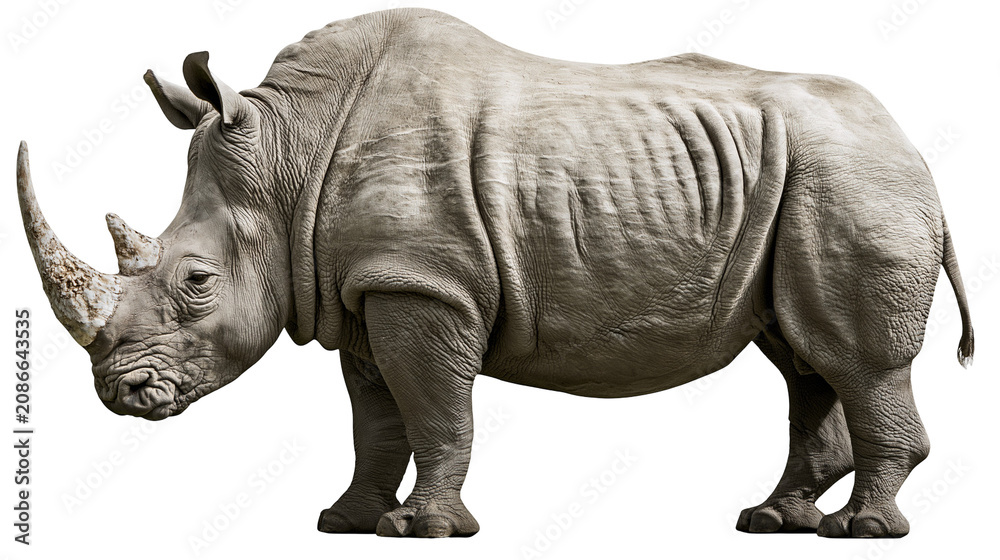 Fototapeta premium Large grey rhinoceros with prominent horn, isolated on transparent background