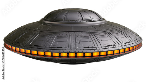 Φωτογραφία Detailed dark grey metallic flying saucer with orange glowing lights, isolated o