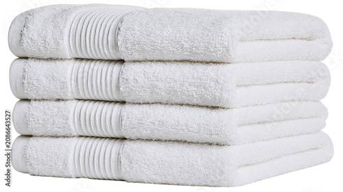 Canvas Print Stack of four fluffy white bath towels with ribbed texture, isolated on transpar