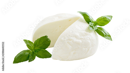 Obraz na plátne Fresh mozzarella balls with green basil leaves, isolated on transparent backgrou