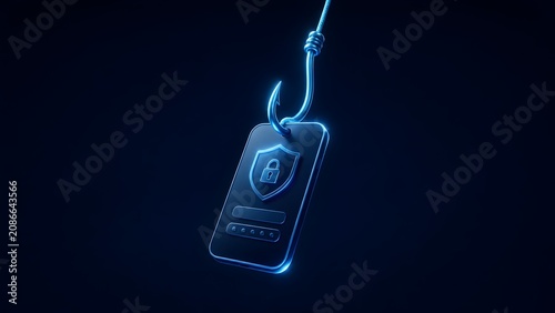 Neon blue fishhook catching a smartphone with padlock and password interface concept of mobile phishing and cyber security threat