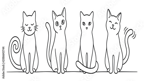 Obraz na plátně Cats sit in a row as a minimalist line art illustration featuring four distinct feline characters