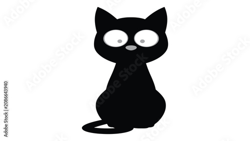 Vászonkép Cat silhouette with large white eyes sits centered against a white background