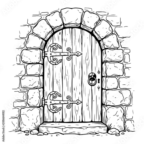 Wooden door with decorative hinges in old stone archway line art style