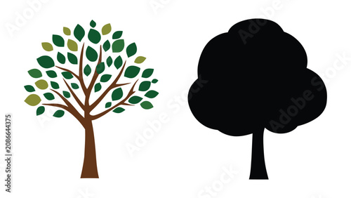 Принти на полотні Trees are shown in a comparative graphic style featuring one detailed colored version and one solid black silhouette