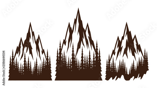 Fényképezés Mountains with pine forests are depicted in this set of three distinct landscape illustrations
