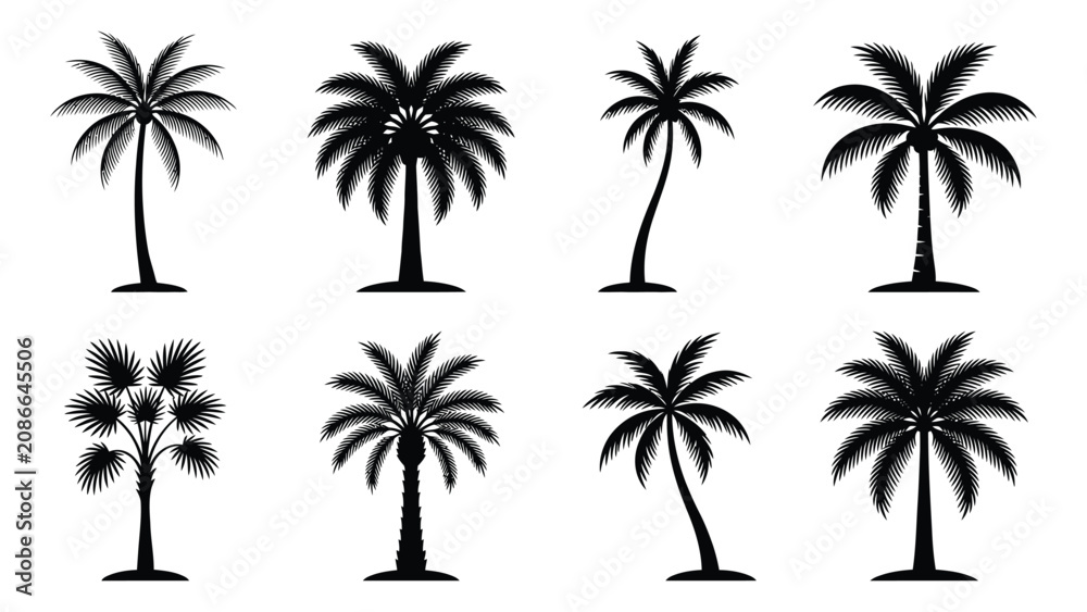 Fototapeta premium Palm trees feature various tropical leaf patterns and trunk styles organized in a clean grid formation.