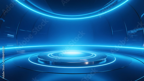 Futuristic circular tech stage with glowing blue rings
