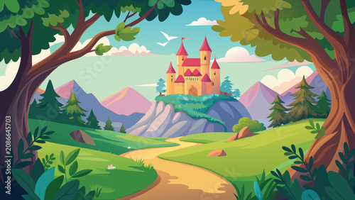 Fairytale castle on hill with winding path through lush forest landscape during daylight