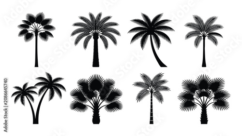 Cuadro en lienzo Palm trees are arranged in a collection of diverse black silhouettes isolated on a plain white background