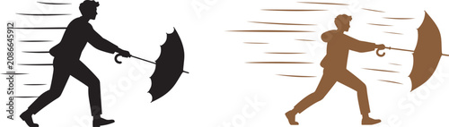 Silhouette of a man walking against strong wind holding an umbrella vector illustration for storm and weather adversity