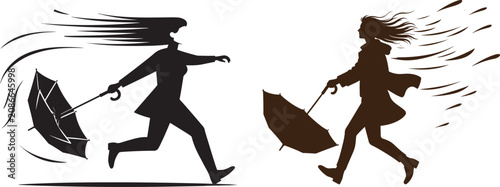 Woman silhouette walking and running in strong wind with umbrella vector illustration for stormy weather and autumn season
